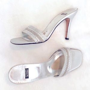 Stuart Weitzman Silver One Strap Beaded Slide on Heels size women's 8.5